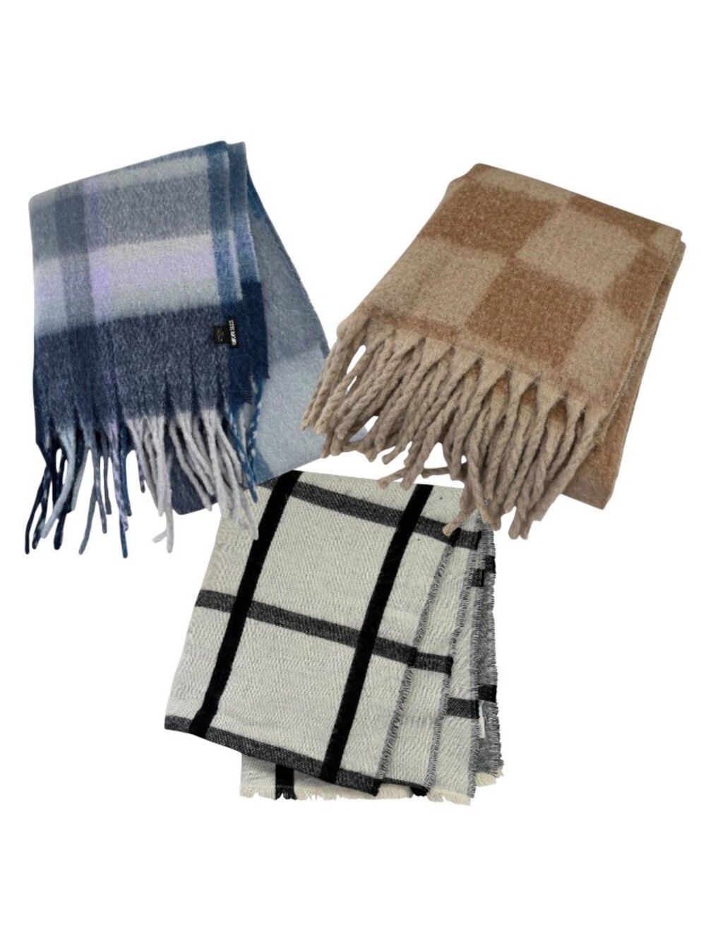 Lot of 3‎ Plaid Fringe Oversized Blanket Scarves Cozy Fall Winter Blue Tan